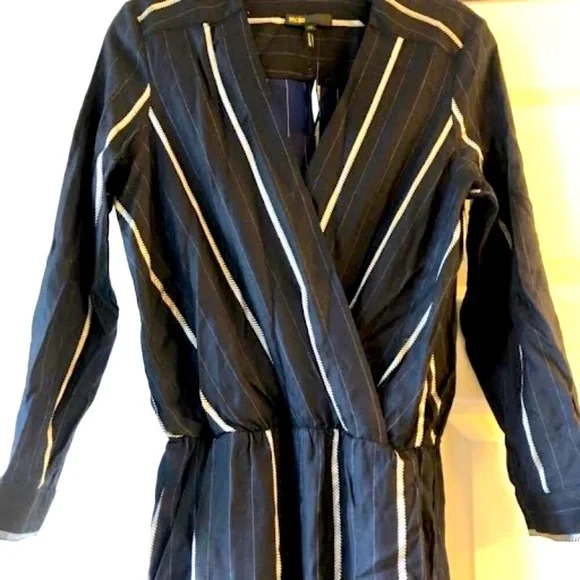 NWT MAJE PANTI Jumpsuit Navy w Silver Metallic Pinstripes LS SZ 4 MSRP $379